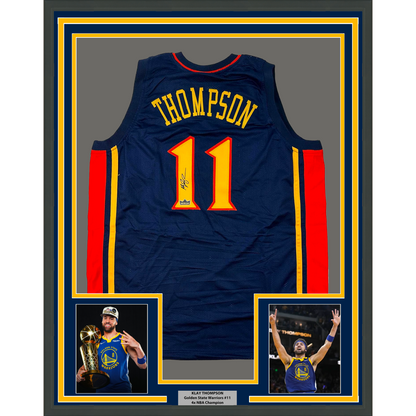 Framed Facsimile Autographed Klay Thompson 35x39 Golden State Navy Blue Retro Reprint Laser Auto Basketball Jersey