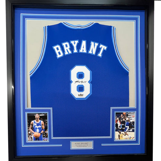 Framed Facsimile Autographed Kobe Bryant 35x39 #8 Los Angeles LA Retro Blue Reprint Laser Auto Basketball Jersey Size Men's XL