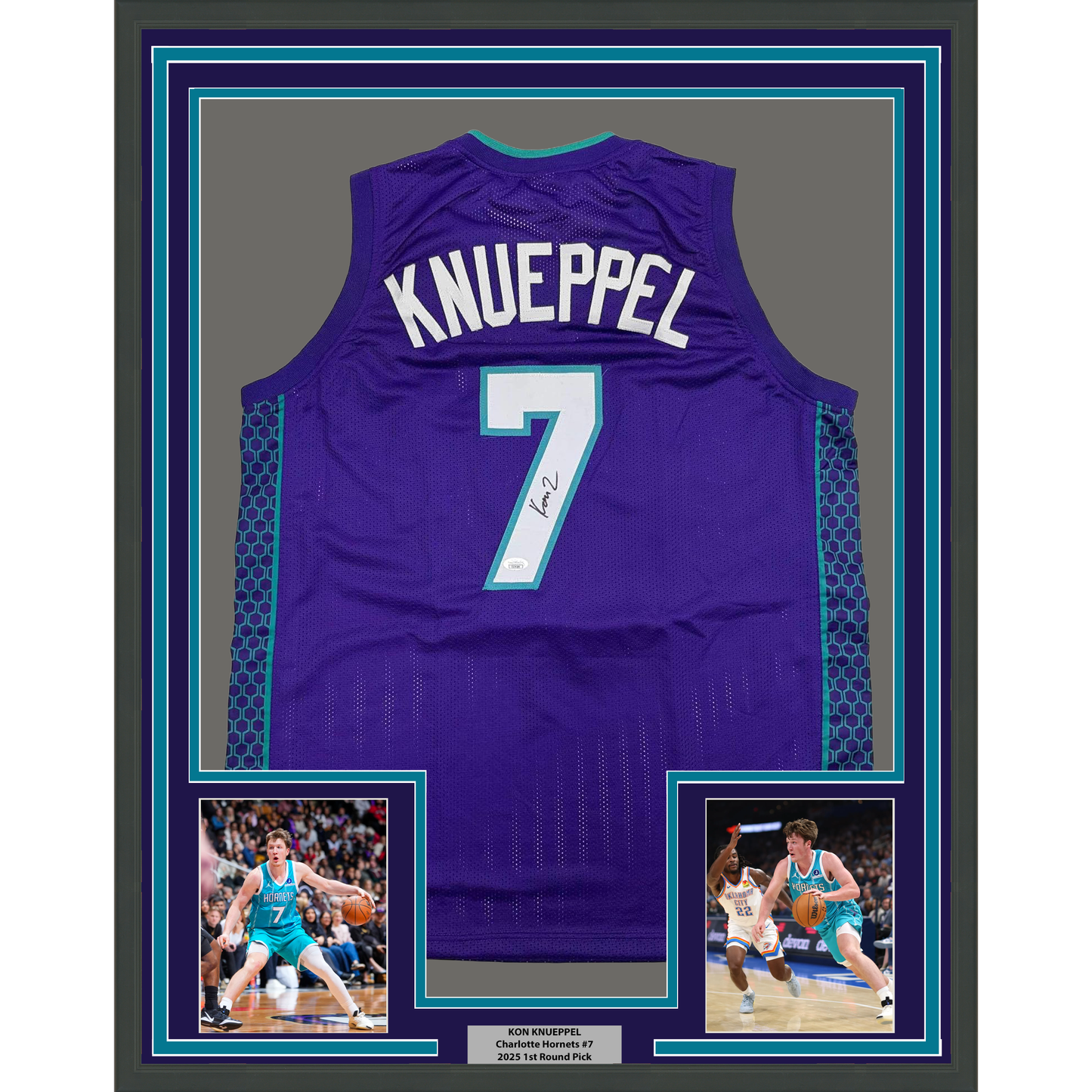 Framed Autographed/Signed Kon Knueppel 35x39 Charlotte Purple Basketball Jersey JSA COA