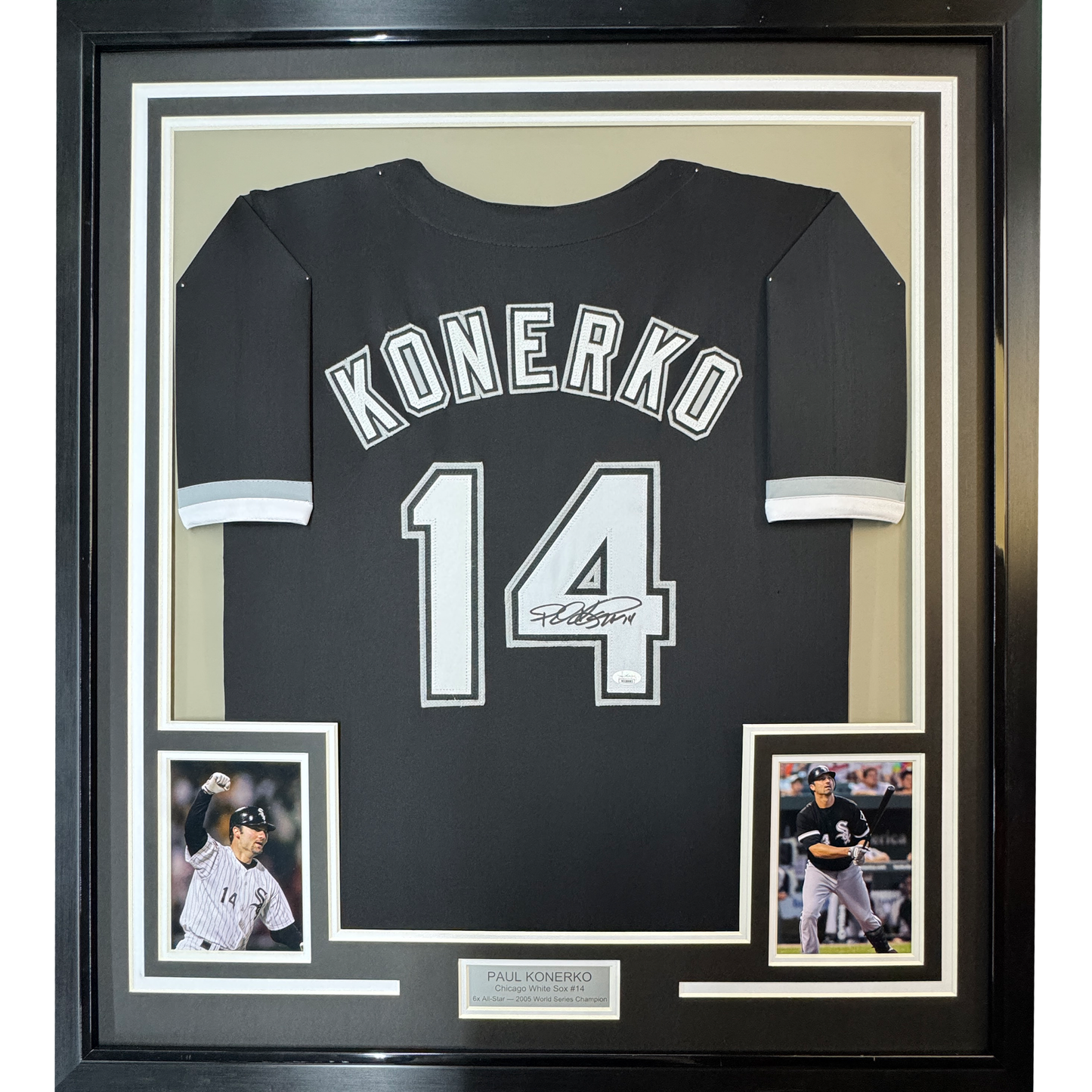 Framed Autographed/Signed Paul Konerko 35x39 Chicago Black Baseball Jersey JSA COA
