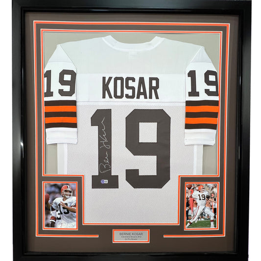 Framed Autographed/Signed Bernie Kosar 35x39 Cleveland White Football Jersey JSA COA