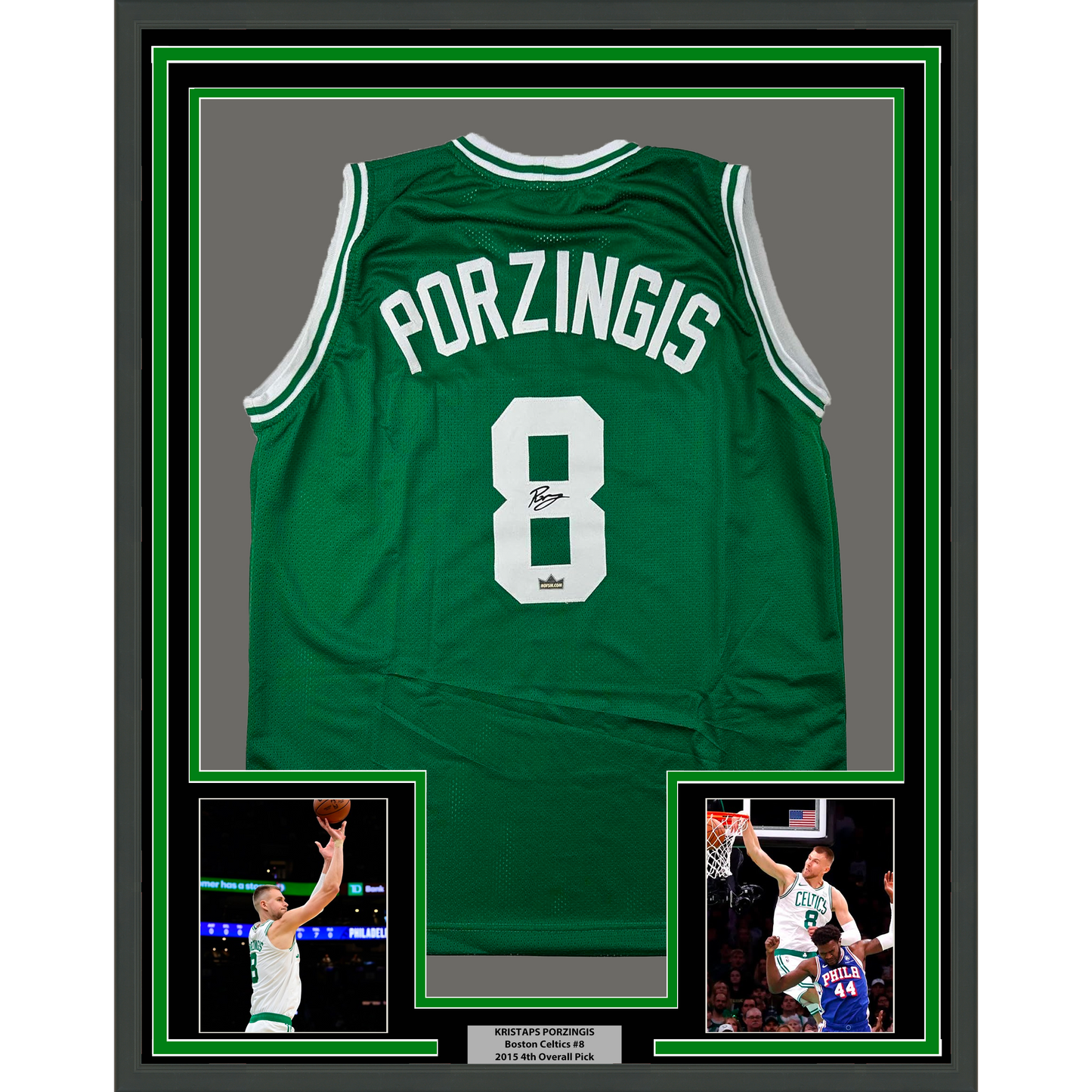 Framed Facsimile Autographed Kristaps Porzingis 35x39 Boston Green Reprint Laser Auto Basketball Jersey