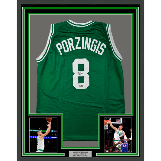 Framed Facsimile Autographed Kristaps Porzingis 35x39 Boston Green Reprint Laser Auto Basketball Jersey