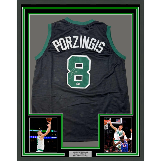 Framed Autographed/Signed Kristaps Porzingis 35x39 Boston Black Basketball Jersey JSA COA