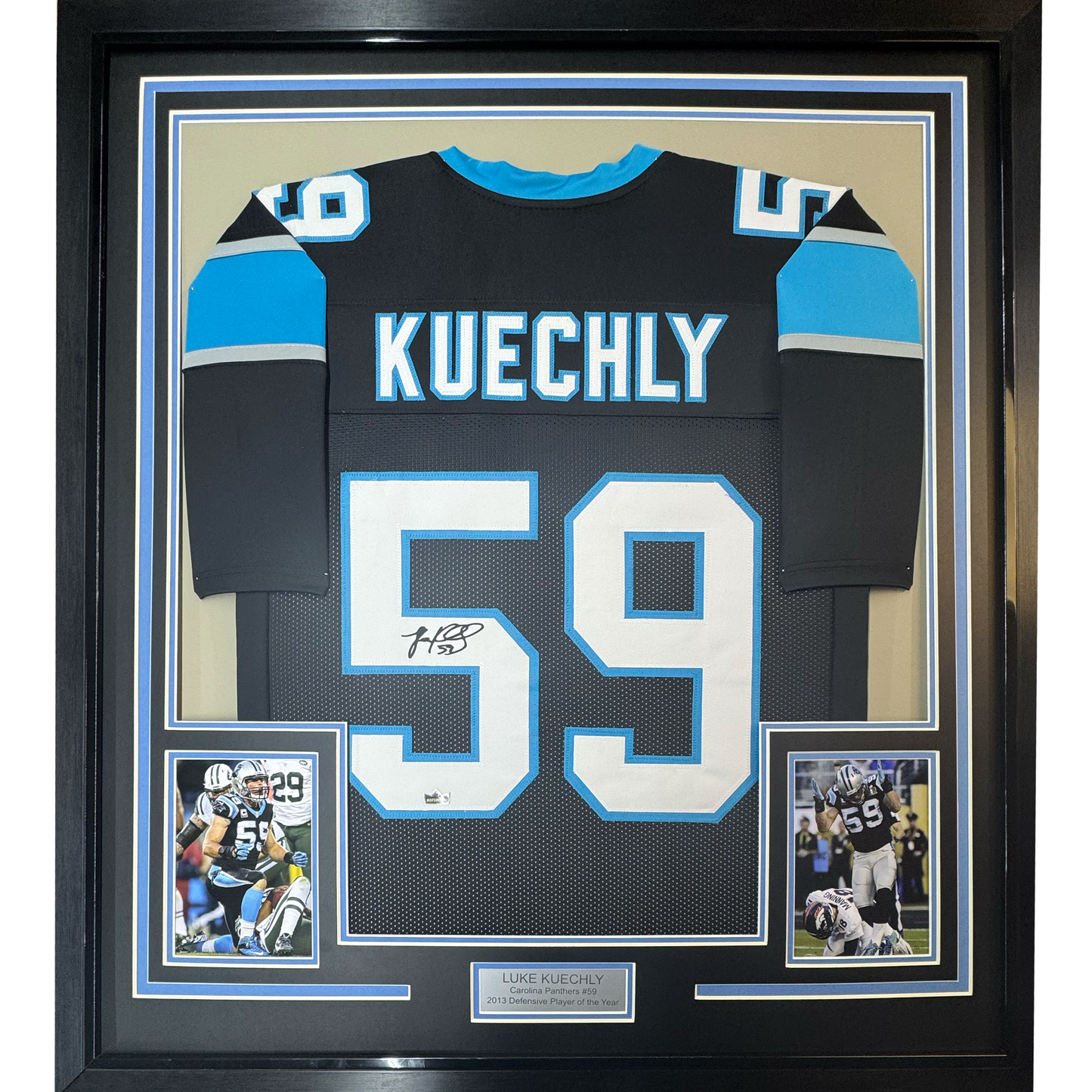 Framed Facsimile Autographed Luke Kuechly 35x39 Carolina Black Reprint Laser Auto Football Jersey