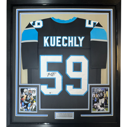 Framed Facsimile Autographed Luke Kuechly 35x39 Carolina Black Reprint Laser Auto Football Jersey