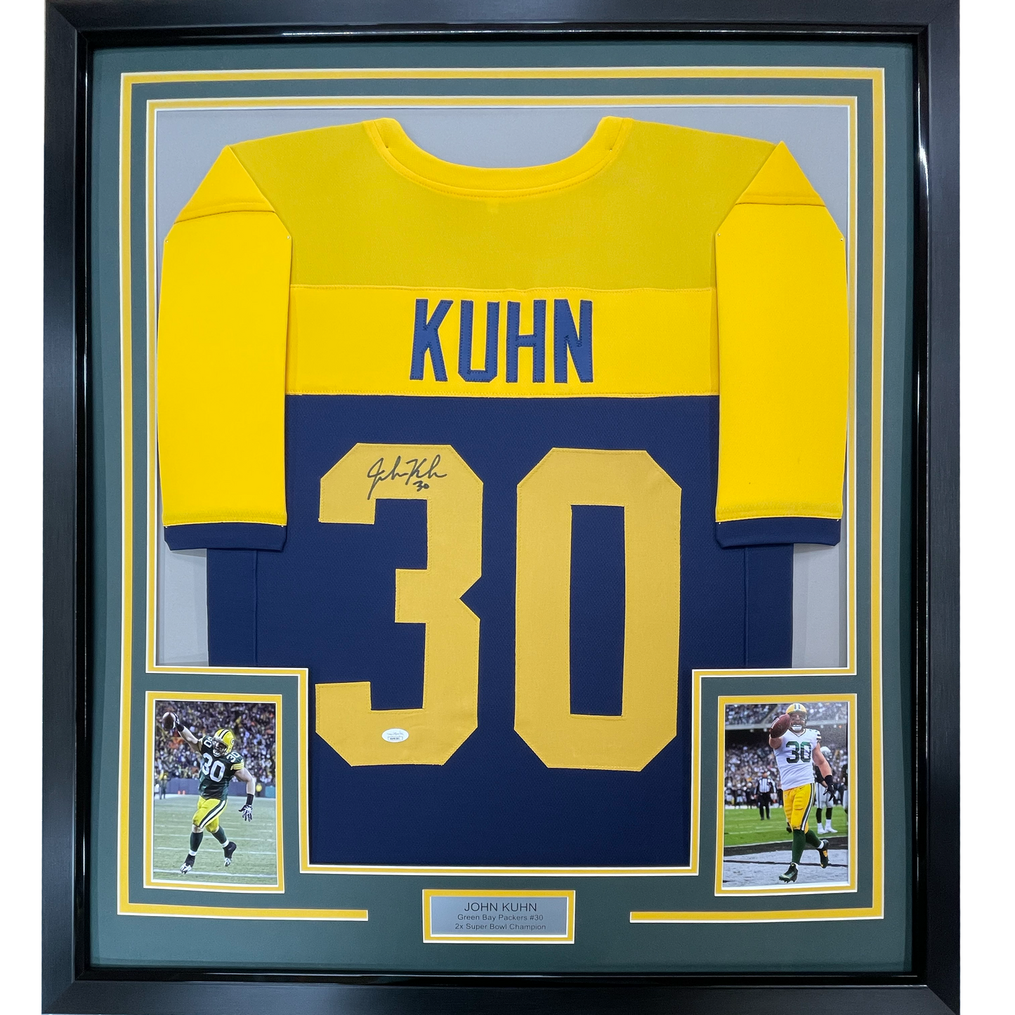 Framed Autographed/Signed John Kuhn 35x39 Green Bay Blue Retro Football Jersey JSA COA