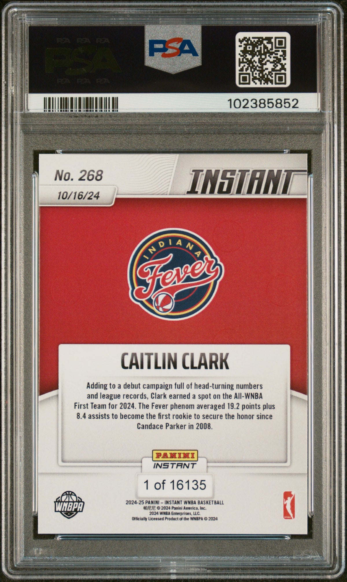 Graded 2024 Panini Instant WNBA Caitlin Clark #268 Rookie RC Basketball Card PSA 10 Gem Mint