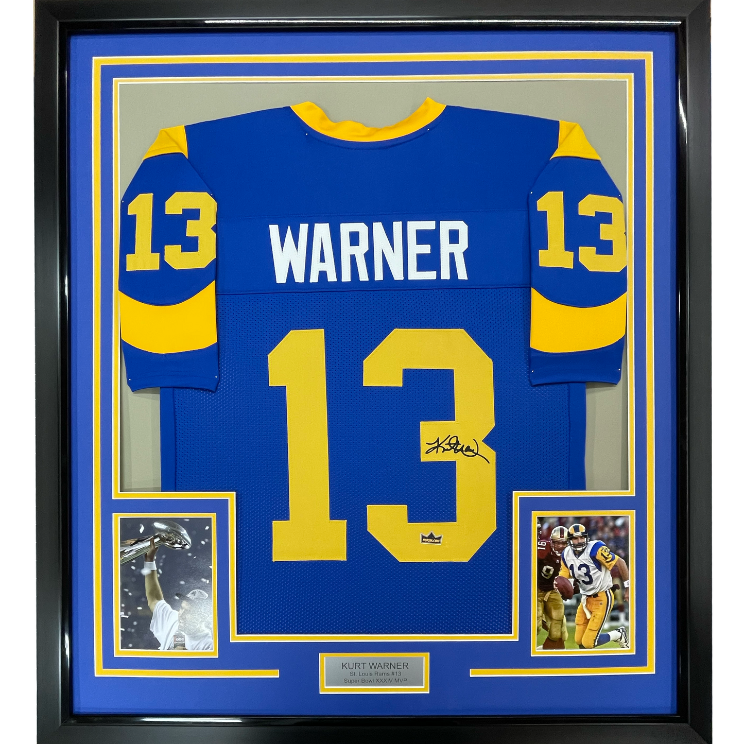 Framed Facsimile Autographed Kurt Warner 35x39 St. Louis Royal Blue Retro Reprint Laser Auto Football Jersey