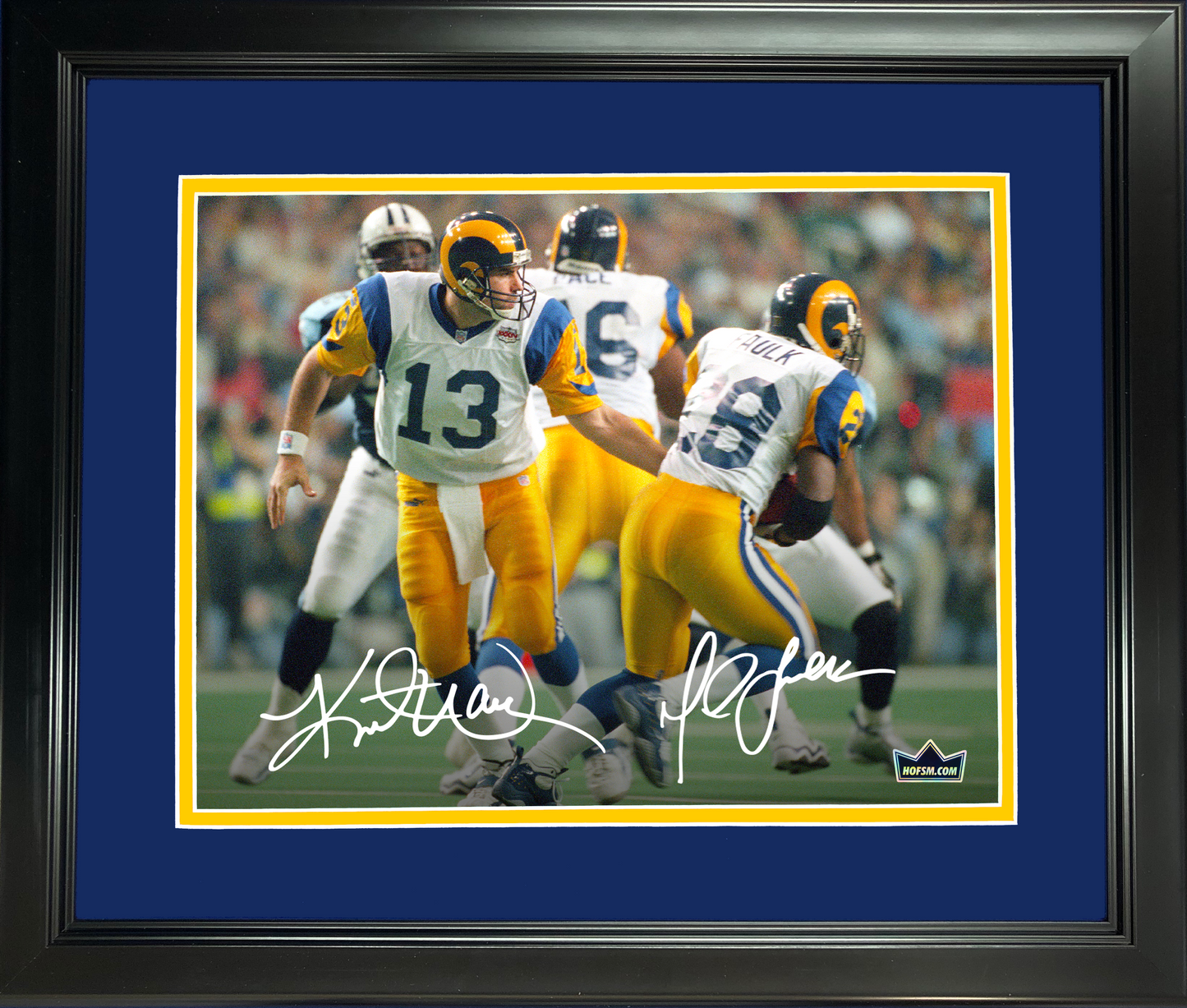 Framed Kurt Warner & Marshall Faulk Super Bowl XXXIV Dual Facsimile Laser Engraved Signature Auto St. Louis Rams 11"x14" Football Photo HOFSM Holo