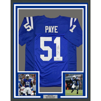 Framed Autographed/Signed Kwity Paye 35x39 Indianapolis Blue Football Jersey Beckett BAS COA
