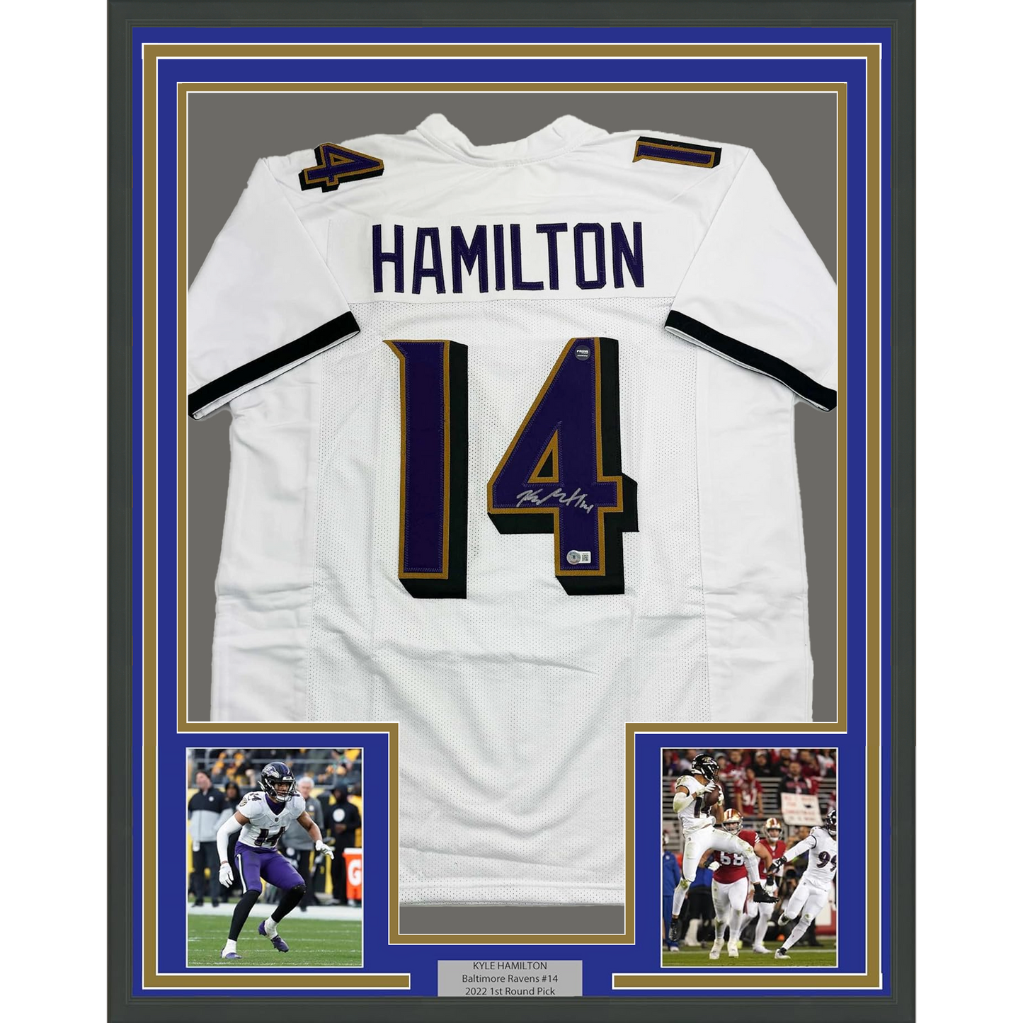 Framed Autographed/Signed Kyle Hamilton 35x39 Baltimore White Football Jersey Beckett BAS COA