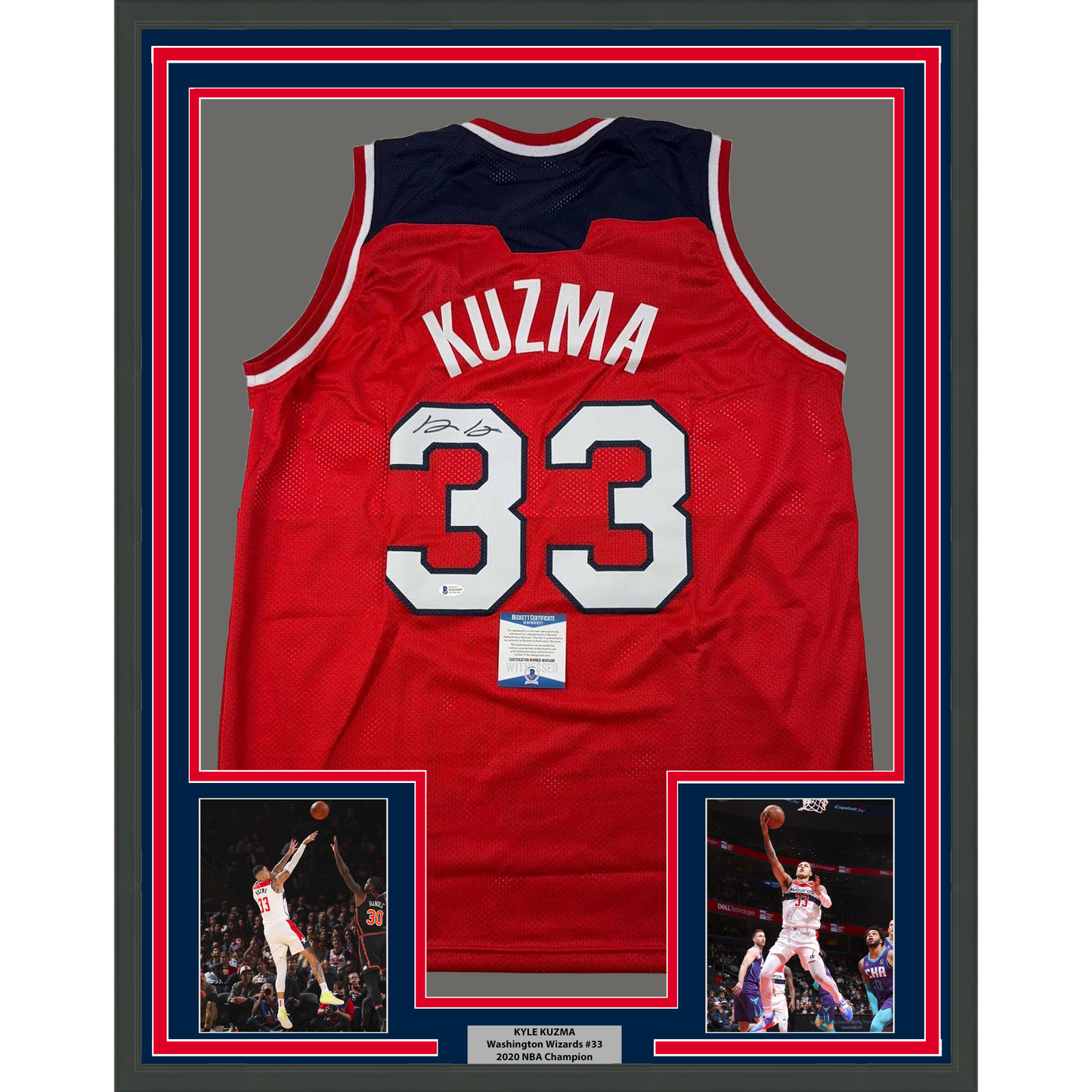 Framed Autographed/Signed Kyle Kuzma 35x39 Washington Red Basketball Jersey Beckett BAS COA