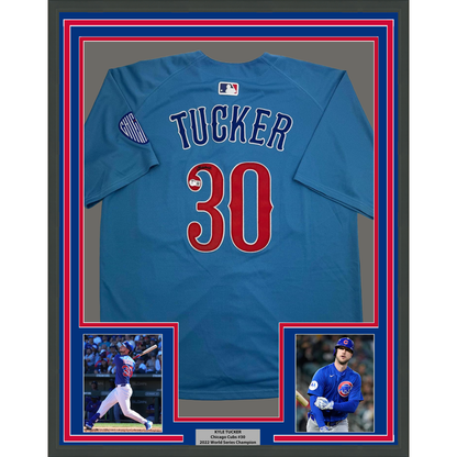 Framed Autographed/Signed Kyle Tucker 35x39 Chicago Blue Baseball Jersey Beckett BAS COA
