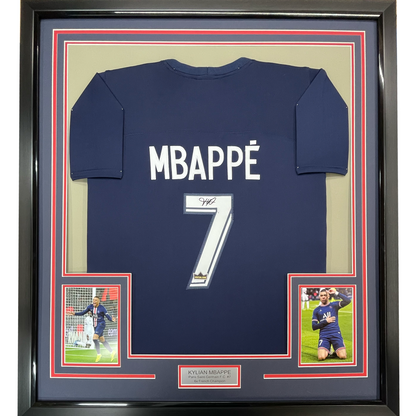 Framed Facsimile Autographed Kylian Mbappe 35x39 PSG Blue Reprint Laser Auto Soccer Jersey