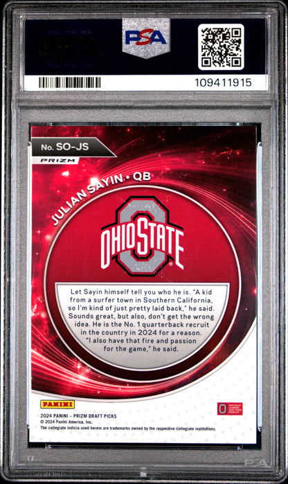 Graded 2024 Panini Prizm Draft Picks Julian Sayin #SOJS Student Orientation Red Ice Rookie RC Football Card PSA 10 Gem Mint