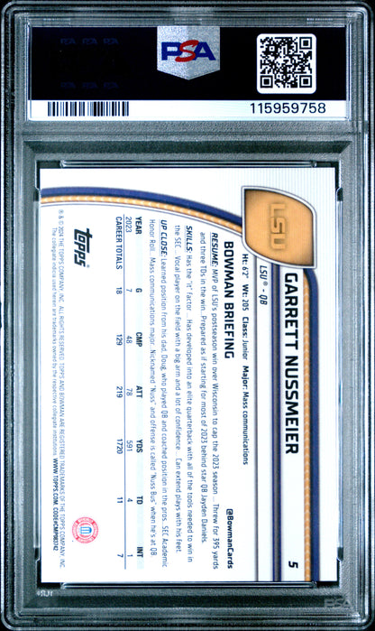 Graded 2024 Topps Bowman U Sapphire Garrett Nussmeier #5 Rookie RC Football Card PSA 10 Gem Mint