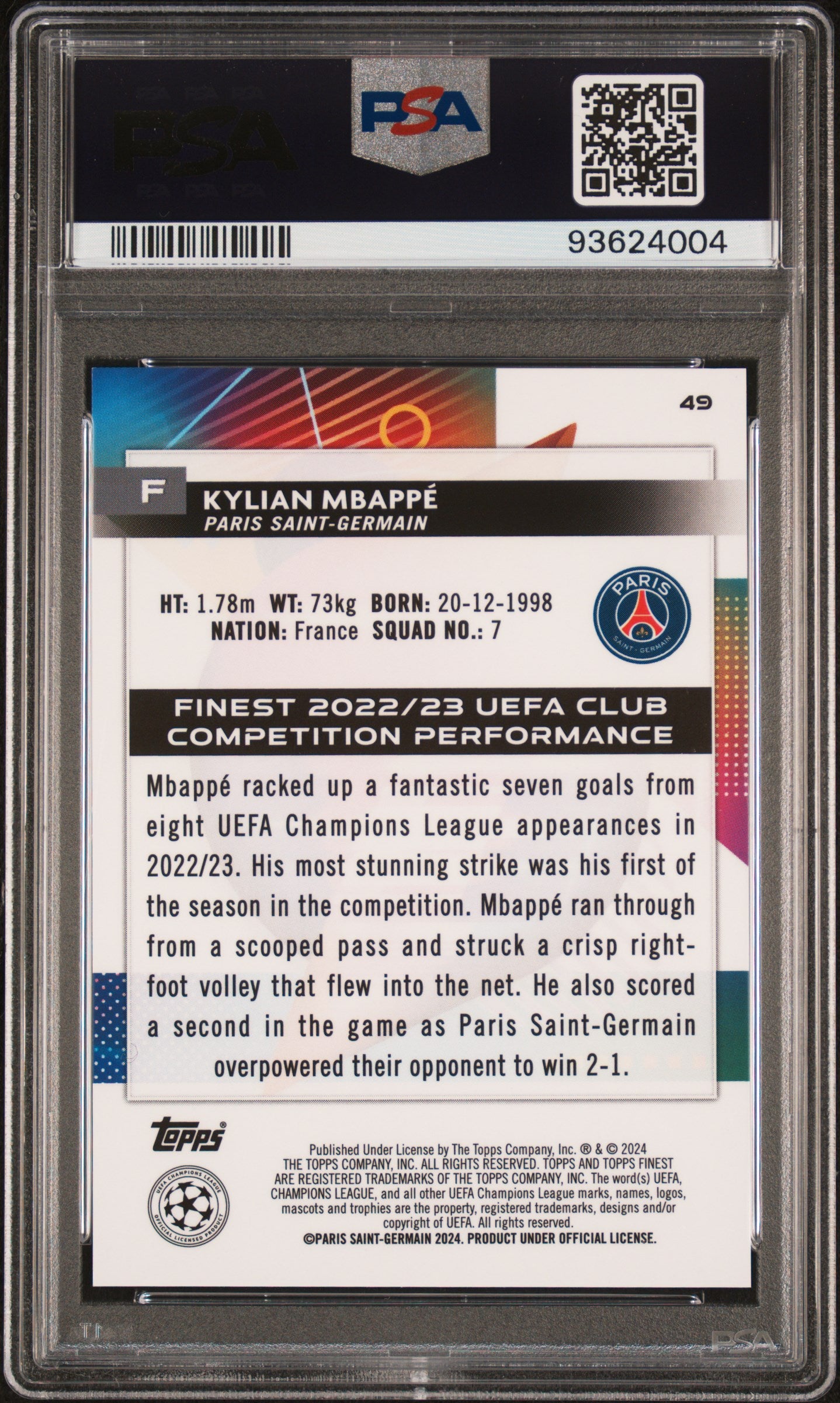 Graded 2023 Topps Finest UCC Kylian Mbappe #49 Blue/Aqua Vaporwave /250 Soccer Card PSA 10 Gem Mint