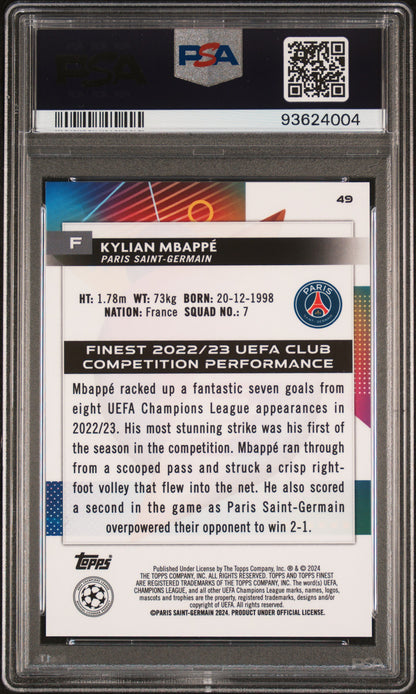 Graded 2023 Topps Finest UCC Kylian Mbappe #49 Blue/Aqua Vaporwave /250 Soccer Card PSA 10 Gem Mint
