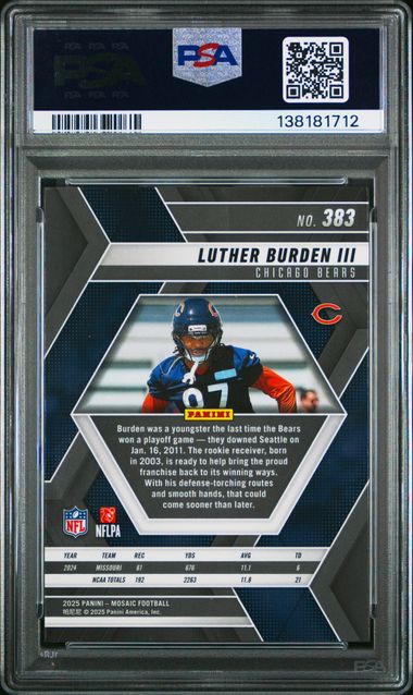 Graded 2025 Panini Mosaic Luther Burden III #383 Rookie RC Football Card PSA 10 Gem Mint
