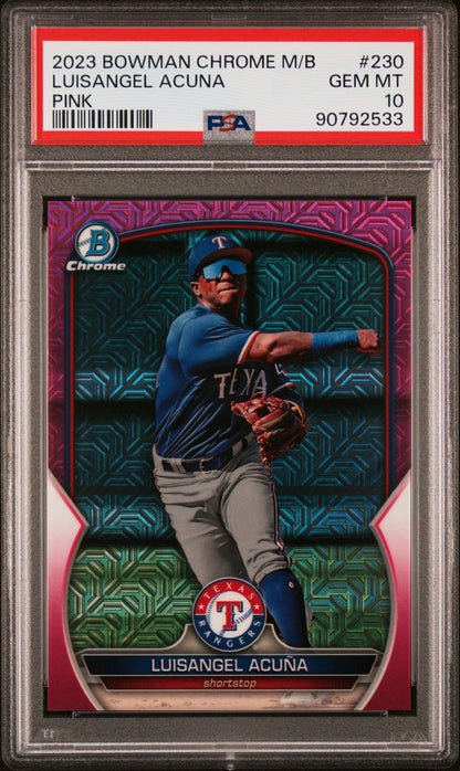 Graded 2023 Topps Bowman Chrome Mega Box Luisangel Acuna #230 Pink /199 Rookie RC Baseball Card PSA 10 Gem Mint