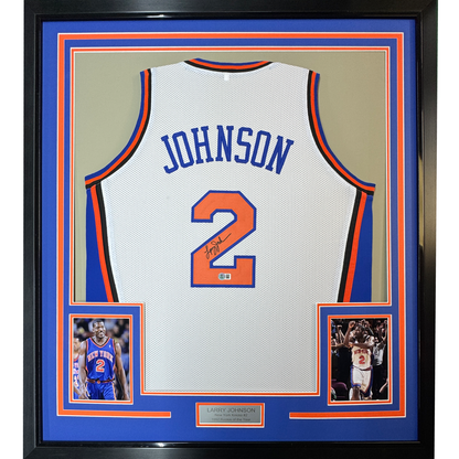 Framed Autographed/Signed Larry Johnson 35x39 New York White Basketball Jersey JSA COA