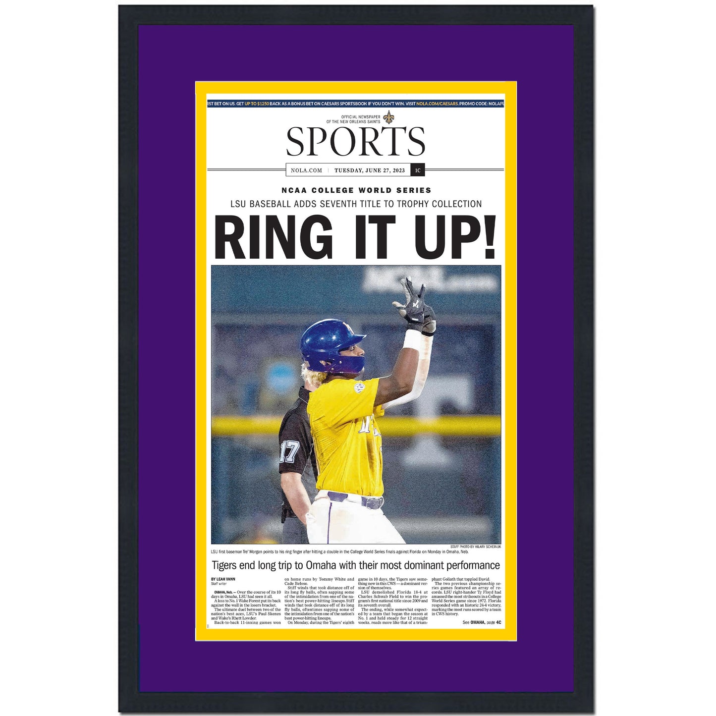Framed The Times-Picayune New Orleans Advocate Ring It Up LSU Tigers 2023 College Baseball World Series NCAA National Champions 14x24 Newspaper Cover Photo Professionally Matted V2