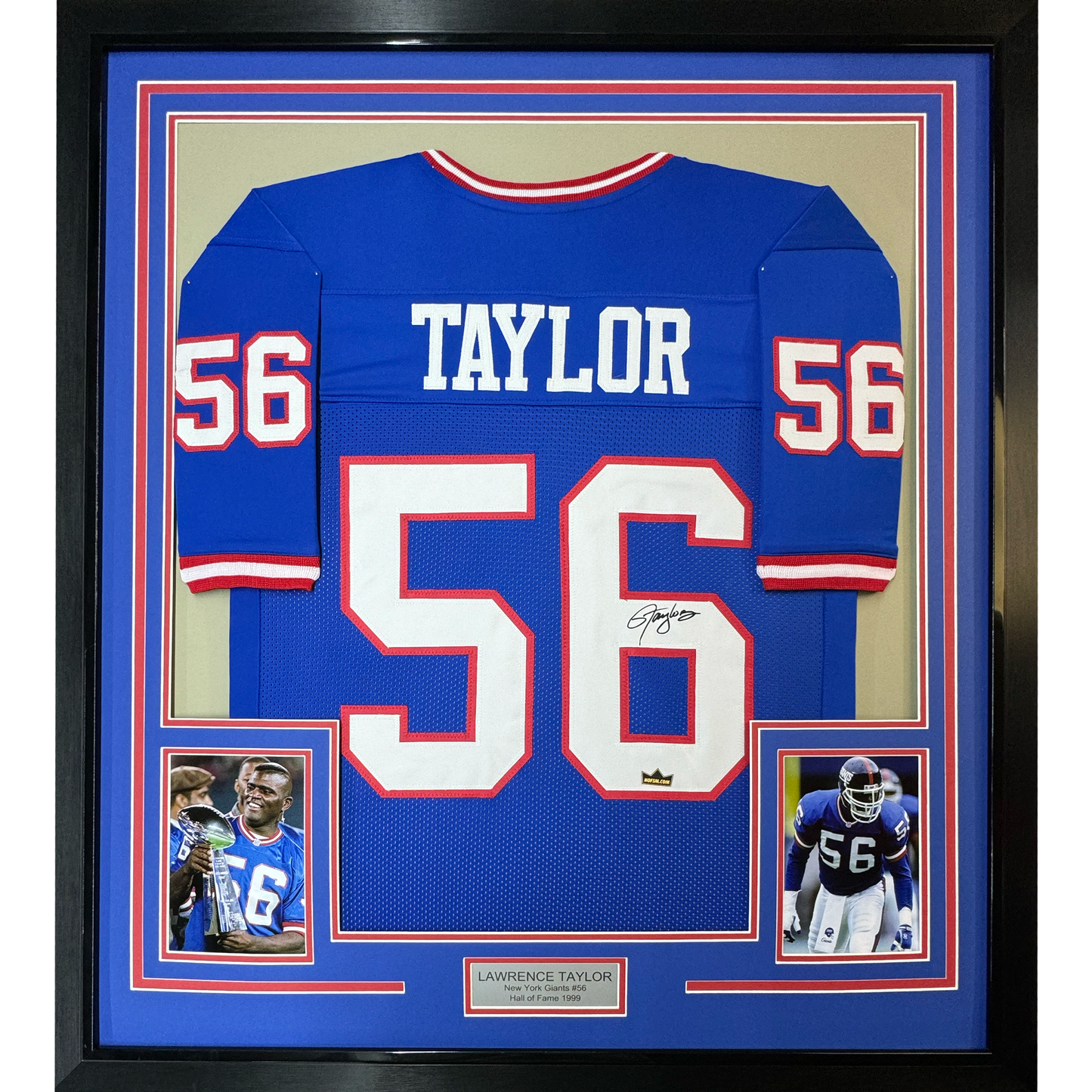 Framed Facsimile Autographed Lawrence Taylor 35x39 New York Blue Reprint Laser Auto Football Jersey
