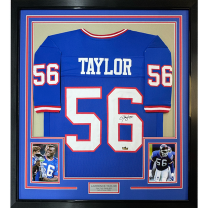 Framed Facsimile Autographed Lawrence Taylor 35x39 New York Blue Reprint Laser Auto Football Jersey