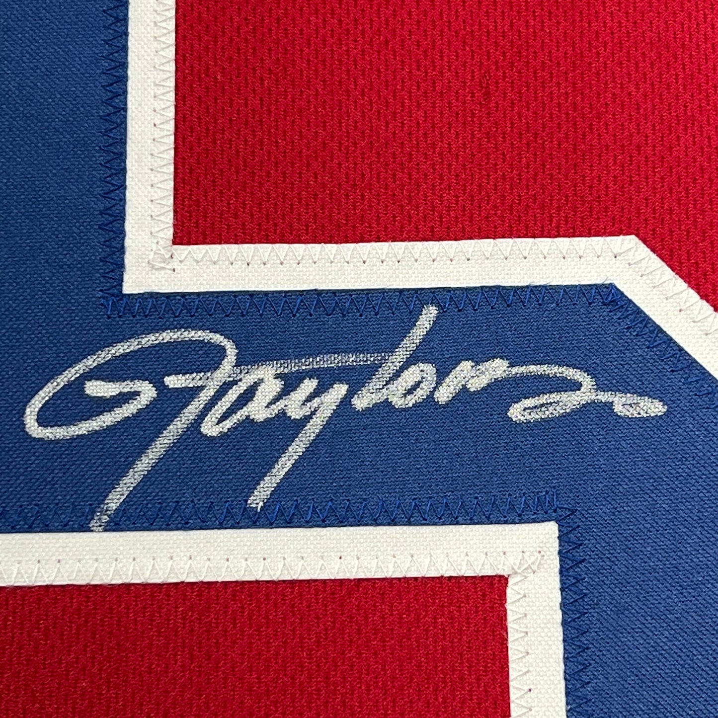 Framed Autographed/Signed Lawrence Taylor 35x39 New York Red Football Jersey JSA COA