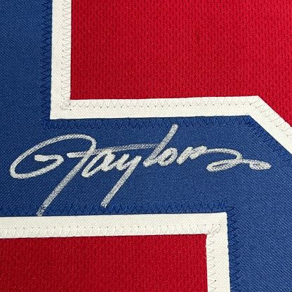 Framed Autographed/Signed Lawrence Taylor 35x39 New York Red Football Jersey JSA COA