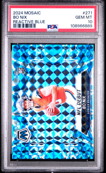 Graded 2024 Panini Mosaic Bo Nix #271 Reactive Blue Rookie RC Football Card PSA 10 Gem Mint