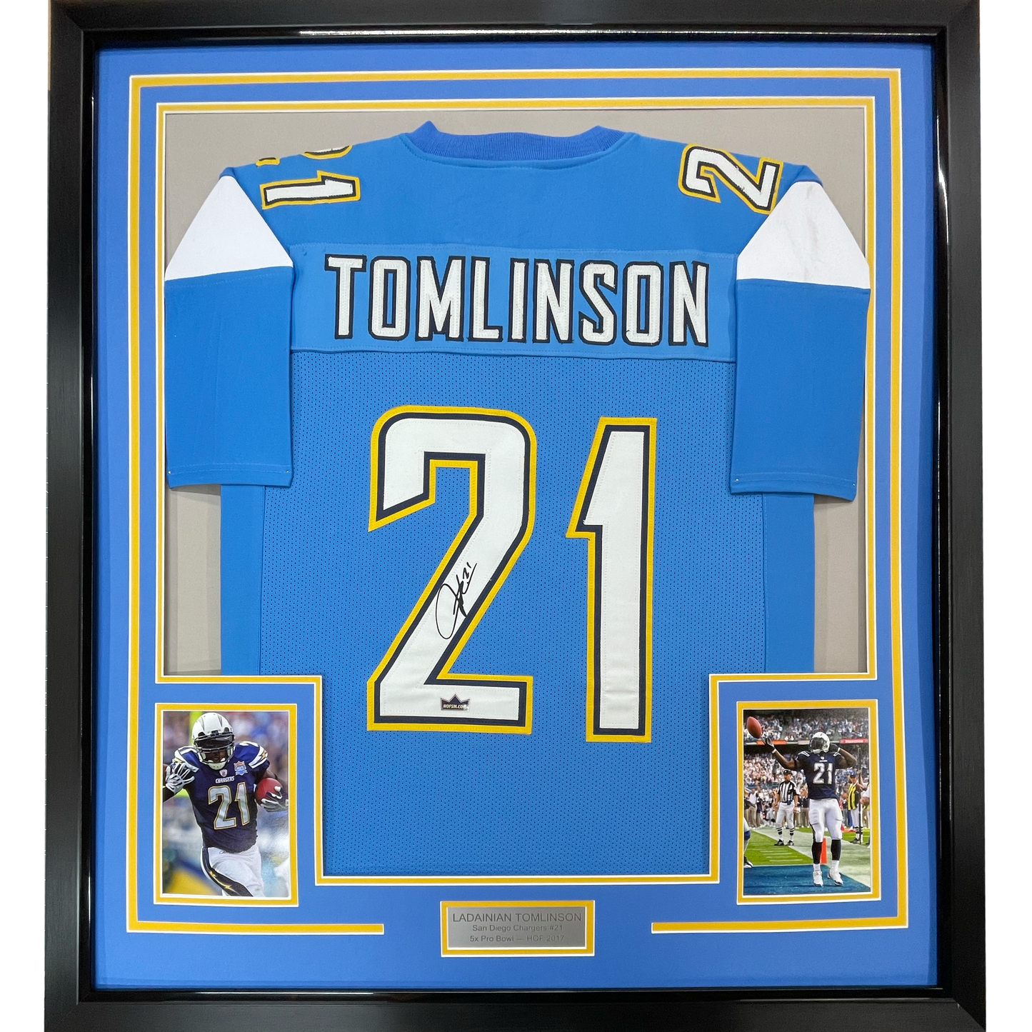 Framed Facsimile Autographed LaDainian Tomlinson 35x39 Los Angeles LA Powder Blue Reprint Laser Auto Football Jersey