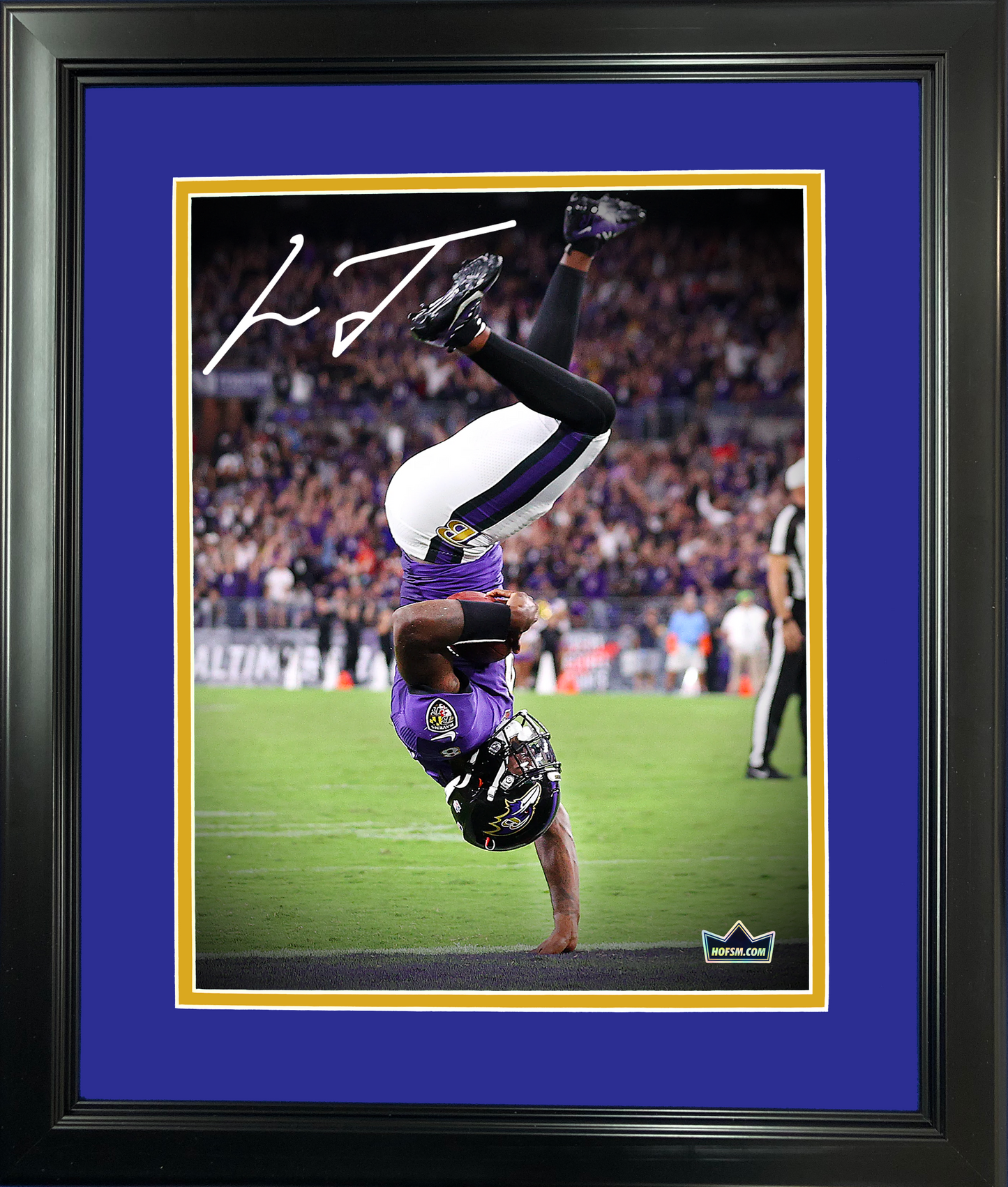 Framed Lamar Jackson Backflip Facsimile Laser Engraved Signature Auto Baltimore Ravens 11"x14" Football Photo HOFSM Holo