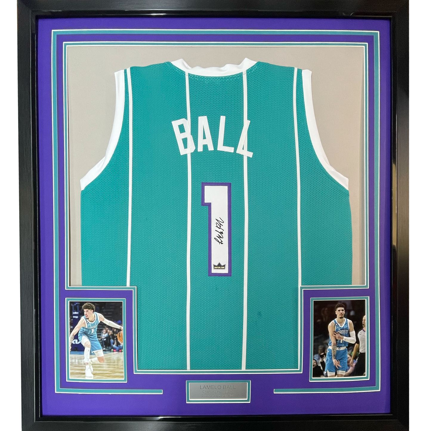Framed Facsimile Autographed LaMelo Ball 35x39 Charlotte Teal Reprint Laser Auto Basketball Jersey