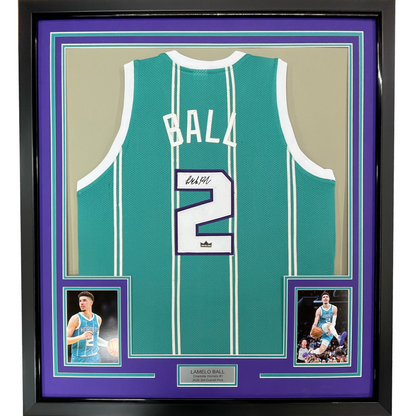 Framed Facsimile Autographed LaMelo Ball 35x39 #2 Rookie Charlotte Teal Reprint Laser Auto Basketball Jersey
