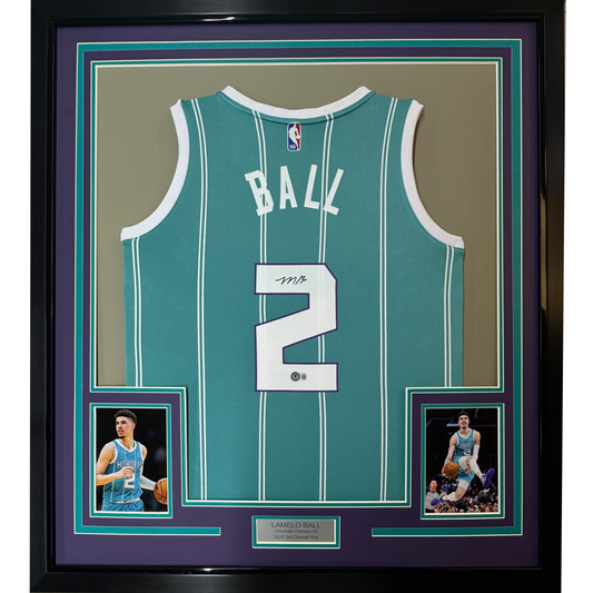 Framed Autographed/Signed LaMelo Ball #2 35x39 Rookie Basketball Jersey Charlotte Teal Beckett BAS COA