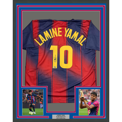Facsimile Autographed Framed Lamine Yamal #10 35x39 FC Barcelona Blue/Red Reprint Laser Auto Soccer Jersey
