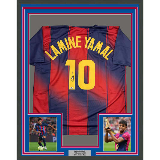 Facsimile Autographed Framed Lamine Yamal #10 35x39 FC Barcelona Blue/Red Reprint Laser Auto Soccer Jersey