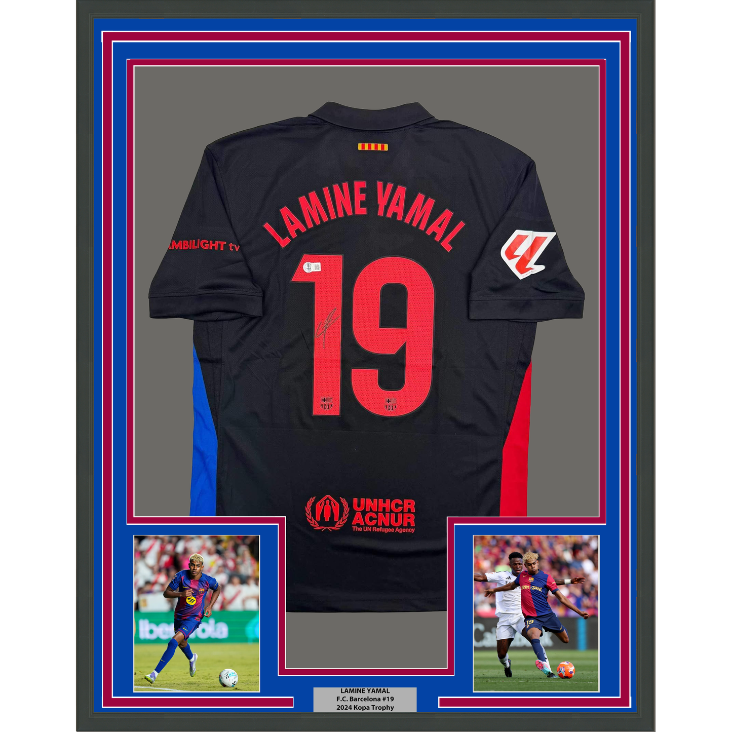 Framed Autographed/Signed Lamine Yamal 35x39 FC Barcelona Black Soccer Jersey Beckett BAS COA