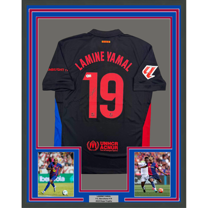 Framed Autographed/Signed Lamine Yamal 35x39 FC Barcelona Black Soccer Jersey Beckett BAS COA