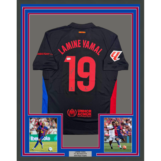 Framed Autographed/Signed Lamine Yamal 35x39 FC Barcelona Black Soccer Jersey Beckett BAS COA