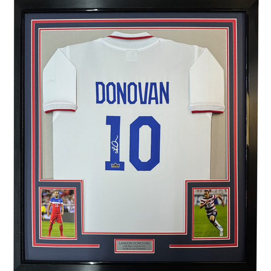 Framed Facsimile Autographed Landon Donovan 35x39 United States USA White World Cup Reprint Laser Auto Soccer Jersey