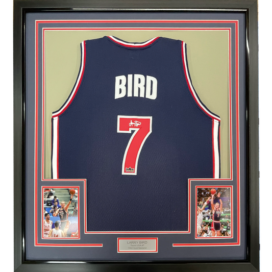 Framed Facsimile Autographed Larry Bird 35x39 United States Team USA Olympics Blue Reprint Laser Auto Basketball Jersey