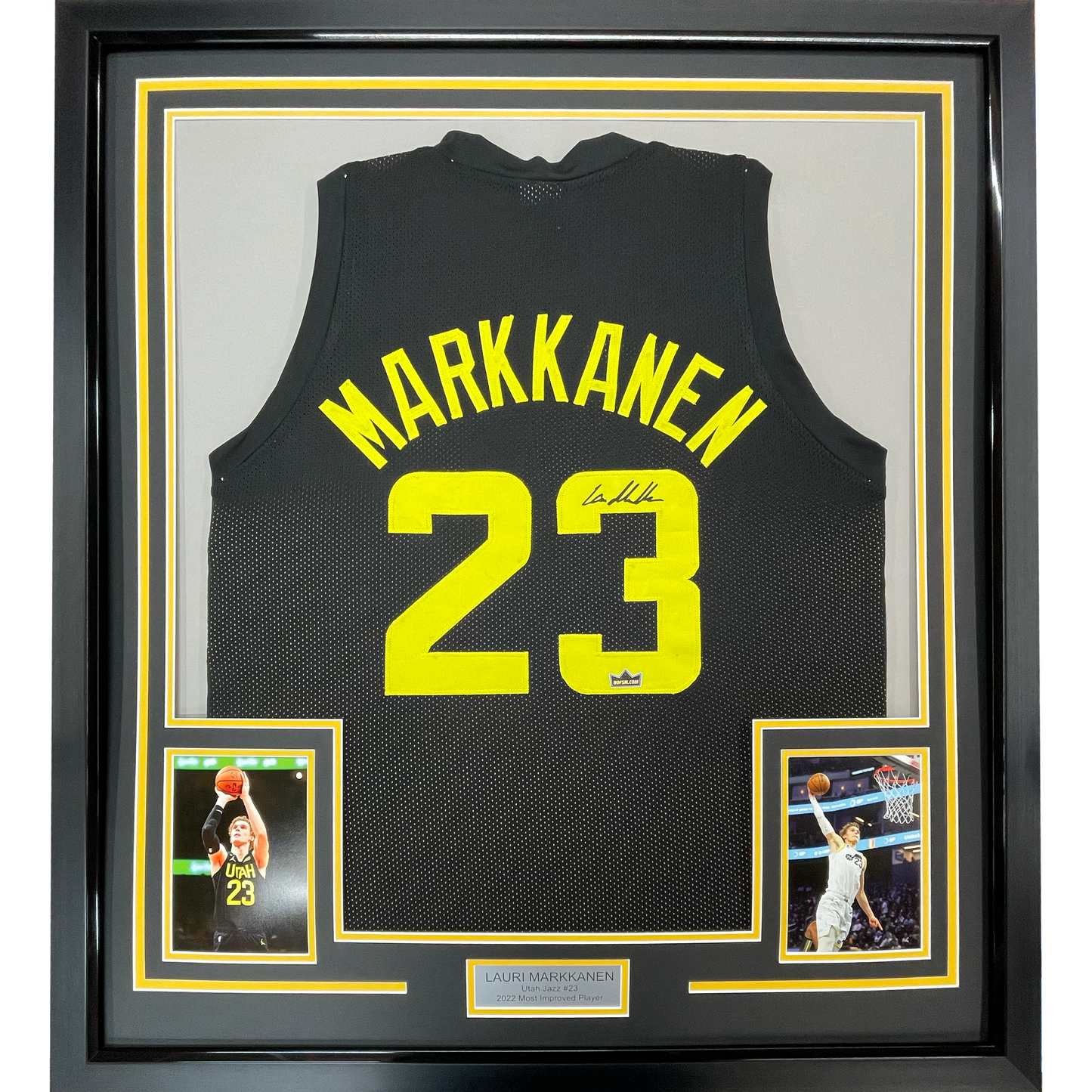 Framed Facsimile Autographed Lauri Markkanen 35x39 Utah Black Reprint Laser Auto Basketball Jersey