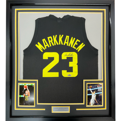 Framed Facsimile Autographed Lauri Markkanen 35x39 Utah Black Reprint Laser Auto Basketball Jersey