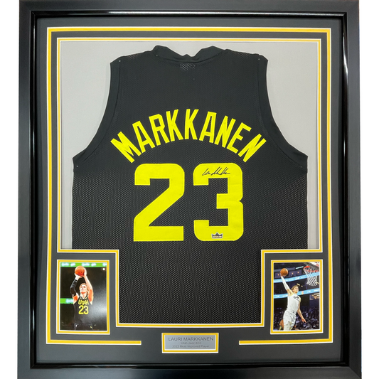 Framed Facsimile Autographed Lauri Markkanen 35x39 Utah Black Reprint Laser Auto Basketball Jersey