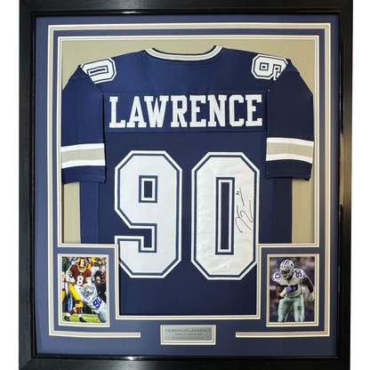 Framed Autographed/Signed Demarcus Lawrence 35x39 Dallas Blue Football Jersey JSA COA