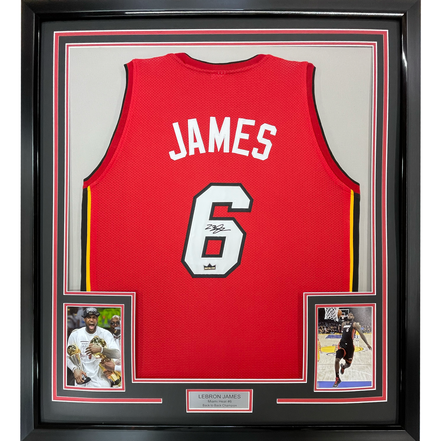 Framed Facsimile Autographed LeBron James 35x39 Miami Red Reprint Laser Auto Basketball Jersey