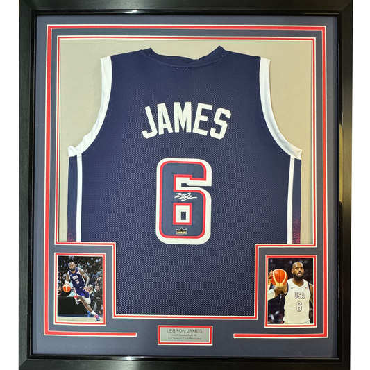 Framed Facsimile Autographed LeBron James 35x39 2024 United States Team USA Blue Reprint Laser Auto Basketball Jersey